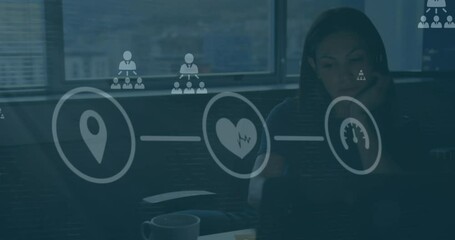 Poster - Animation of network of connections with icons over caucasian businesswoman in office
