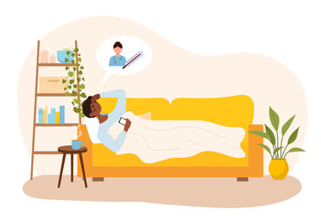 Poster - Sick man calling ambulance. Young guy with smartphone lies on bed under blanket and holds his head. Character with illness, high fever and sore throat, cold or covid. Cartoon flat vector illustration