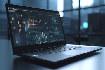 Poster - graph on laptop analyzing business data on a laptop, Generative AI