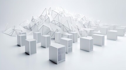 Fototapete - Polygonal Data Haven: Minimalist Server Farm Design on a White Stage in 8K created with generative AI technology