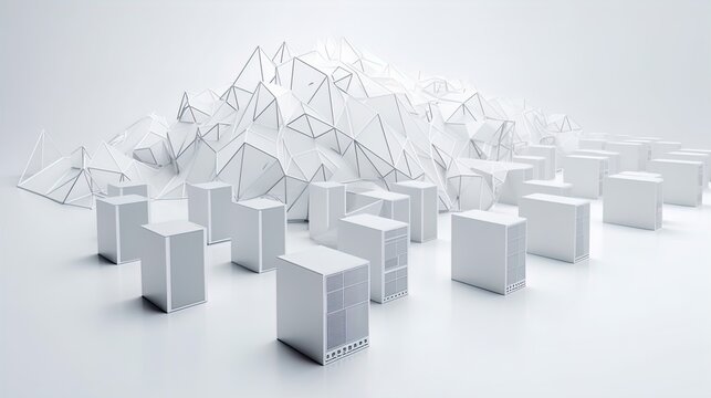 Polygonal Data Haven: Minimalist Server Farm Design on a White Stage in 8K created with generative AI technology