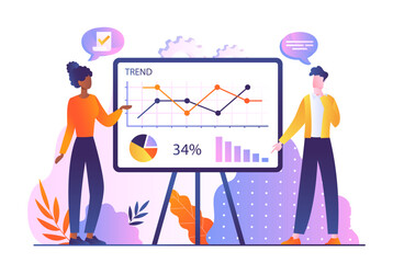 Poster - financial analysis concept. man and woman stand near graphs, diagrams and charts and evaluate trends