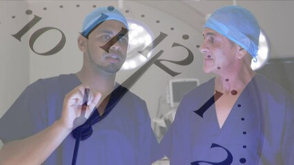 Poster - Animation of ticking clock against two diverse male surgeons discussing at hospital