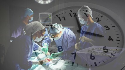 Wall Mural - Animation of ticking clock against team of diverse surgeons performing surgery at hospital