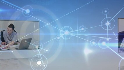 Poster - Animation of network of connections and light trails against screens with business data processing