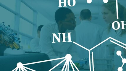 Poster - Animation of chemical structures against two diverse scientists discussing at laboratory