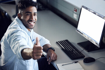 Poster - Im on IT. a young man showing thumbs up and using a computer at college.