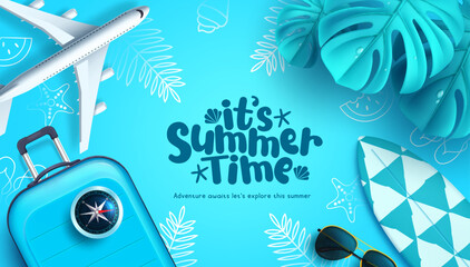 Fototapete - Summer time text vector design. It's summer time with travel vacation and outdoor beach elements. Vector illustration in blue background. 