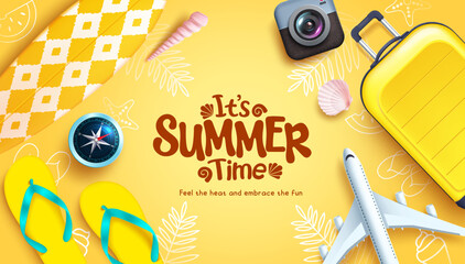 Fototapete - Summer time vector background design. It's summer time text in yellow space with tropical season travel elements. Vector illustration greeting banner.