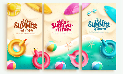 Fototapete - Summer time poster set vector design. It's summer time text in tropical outdoor beach sand background. Vector illustration banner lay out collection.