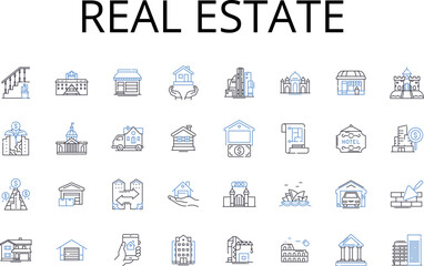 Real estate line icons collection. Property market, Housing market, Land business, Realty sector, Building industry, Estate agency, Home selling vector and linear illustration. Residential property