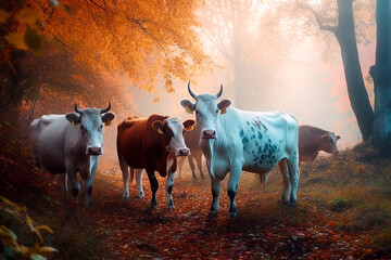 Wall Mural - Cows in the woods at sunset