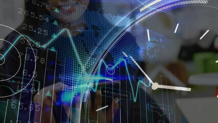 Poster - Animation of clock and data processing over biracial woman using tablet