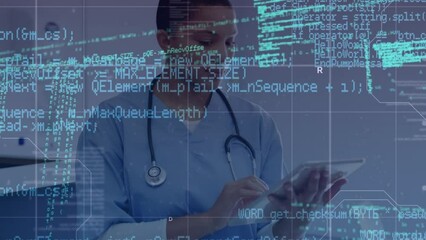 Poster - Animation of data processing over african american female doctor