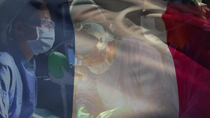 Poster - Animation of flag of france over diverse surgeons with face masks during surgery