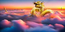 Chinese Golden Dragon Flying On The Cloud With Nice China Background View - Ai Generated