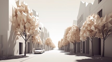 Fototapete - Abstract Suburbia: Minimalist Polygonal Residential Street on a White Backdrop in 8K created with generative AI technology