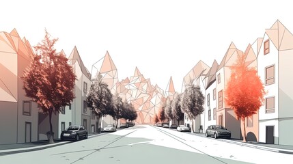 Fototapete - Abstract Suburbia: Minimalist Polygonal Residential Street on a White Backdrop in 8K created with generative AI technology