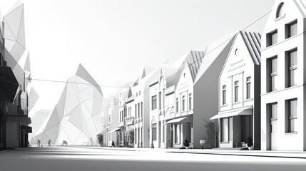 Fototapete - Abstract Suburbia: Minimalist Polygonal Residential Street on a White Backdrop in 8K created with generative AI technology