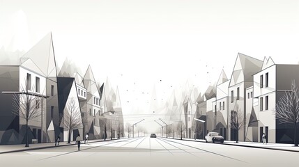 Fototapete - Abstract Suburbia: Minimalist Polygonal Residential Street on a White Backdrop in 8K created with generative AI technology