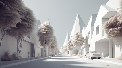 Fototapete - Abstract Suburbia: Minimalist Polygonal Residential Street on a White Backdrop in 8K created with generative AI technology