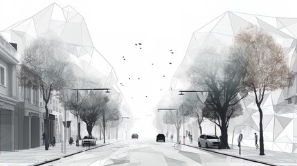 Fototapete - Abstract Suburbia: Minimalist Polygonal Residential Street on a White Backdrop in 8K created with generative AI technology