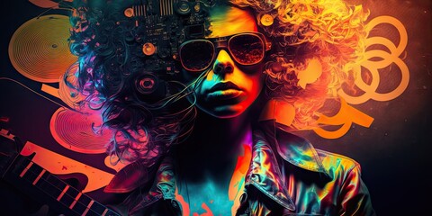 Wall Mural - Abstract art in overlapped musician with hairstyle decorated by instrument design. Concept of captivated in exotic music styles with cyberpunk color. Glorious generative AI.