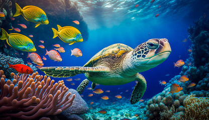 turtle with group of colorful fish and sea animals with colorful coral underwater in ocean, Generative AI