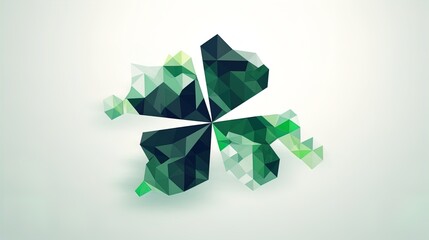 Fototapete - Luck Transformed: Minimalist Cloverleaf Dissolving into Polygonal Triangles on a White Background in 8K created with generative AI technology