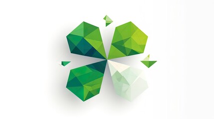 Fototapete - Luck Transformed: Minimalist Cloverleaf Dissolving into Polygonal Triangles on a White Background in 8K created with generative AI technology
