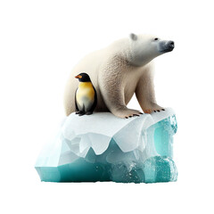 polar bear and penguin on ice floe. melting iceberg and global warming. climate change, isolated on 