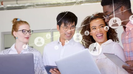 Poster - Animation of network of connections over diverse business people in office