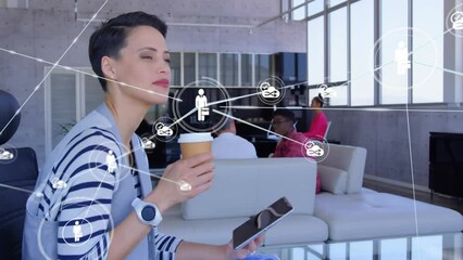 Poster - Animation of network of connections over caucasian businesswoman in office