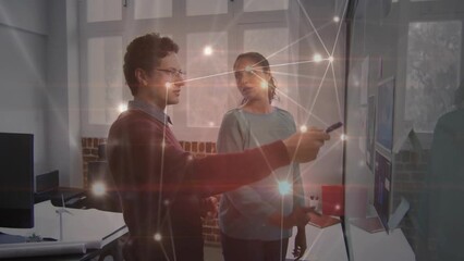 Poster - Animation of connections with icons over diverse business people in office