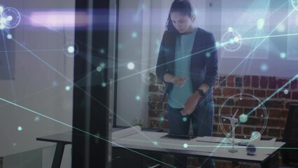Poster - Animation of connections with icons over cacuasian businesswoman in office