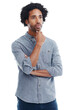 © Khushboo/peopleimages.com - Man, hand on chin and thinking of idea plan or strategy isolated on a transparent, png background. Pensive black male model think with gesture, memory and contemplating choice and planning