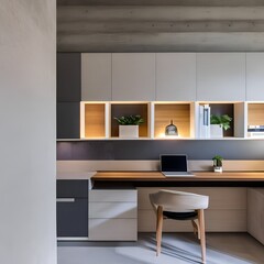 Wall Mural - 15 A contemporary, minimalist home office with a mix of white and wood finishes, a large, wall-mounted desk, and a mix of open and closed storage3, Generative AI