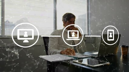 Poster - Animation of icons and data processing over caucasian businessman in office