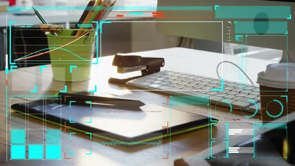 Poster - Animation of screens with data processing over desk in office