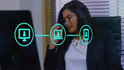 Poster - Animation of icons and data processing over biracial businesswoman in office