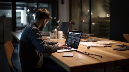Website developer working using laptop at the office on wooden AI Generate