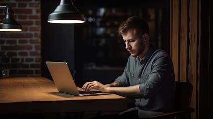 Website developer working using laptop at the office on wooden AI Generate