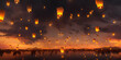 Countless wishing lanterns floating into the sky on Vesak Day. Night.