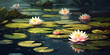 Evening lake filled with beautiful floating lotus flowers. Vesak Day concept.