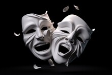 Tragicomic Theater Masks, White Version, 3D-rendered Graphics On Black Background. Generative AI