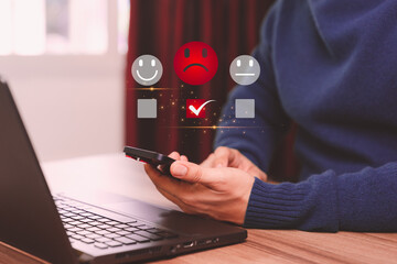 Aufkleber - Business service concept of customer experience dissatisfied by smartphone. Man client with angry emotion face on virtual screen. Assessment testimonial review for dislike service and low quality.