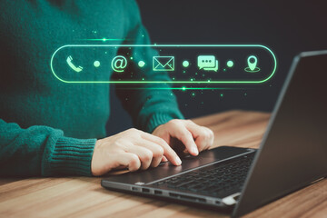 Poster - Client man using computer laptop with the virtual screen with apps the call phone, email, address, chat message and map icons. Customer support hotline contact us people connection concept.