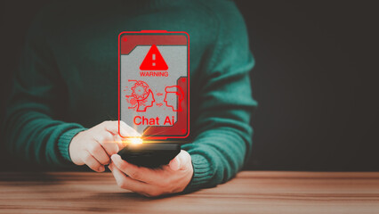 Poster - Man using a smartphone chatting with a smart AI using an artificial intelligence chatbot with triangle caution warning sign for notification error concept. Chatbot with AI, Artificial Intelligence.