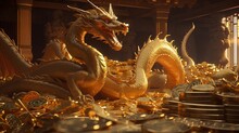 Dragon Guards Hoard Of Golden Treasure, Digital Art Illustration, Generative AI