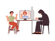 Intruder or attacker communicates with child on the Internet, flat vector isolated.